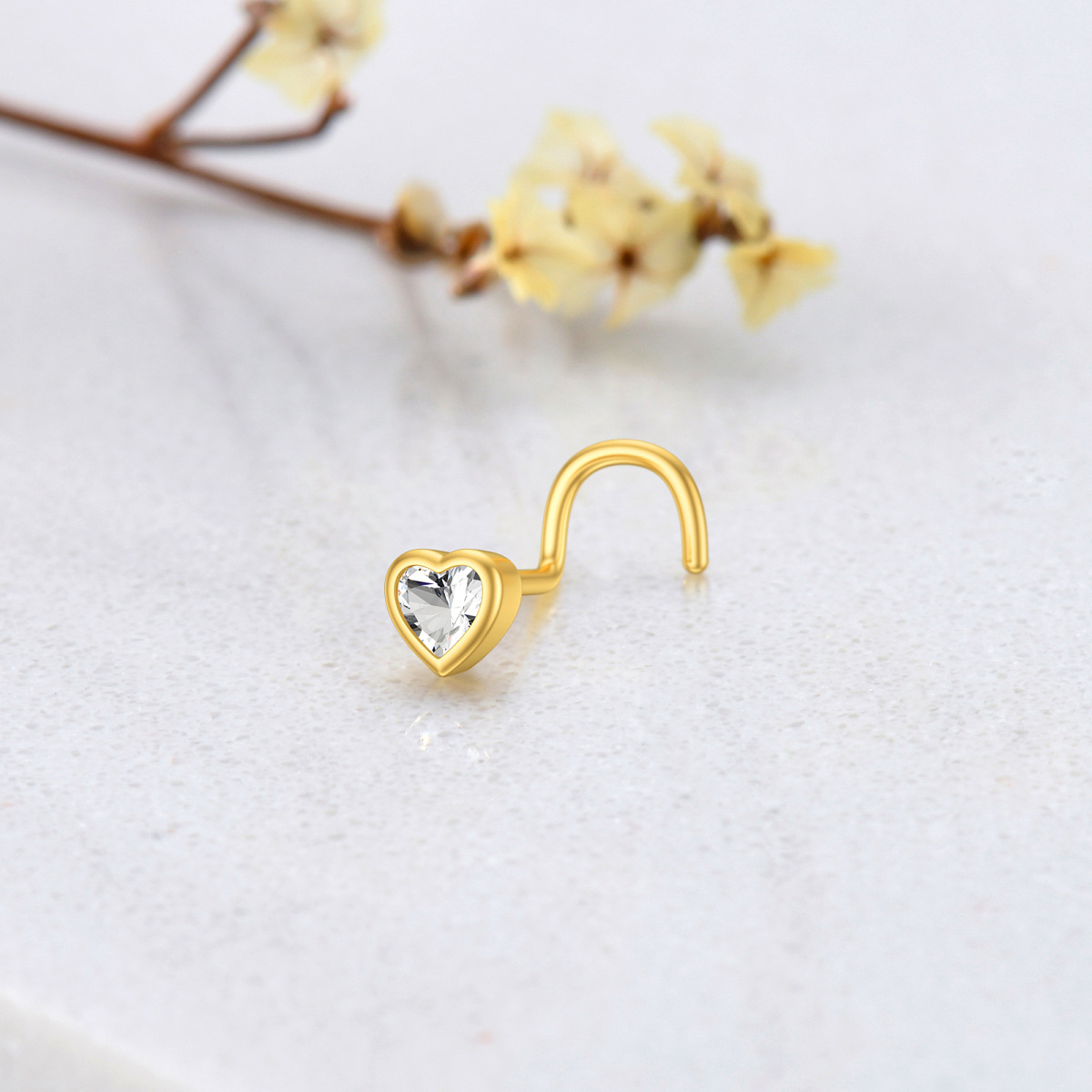 18K Gold Cubic Zirconia Personalized Birthstone & Heart Nose Ring-3