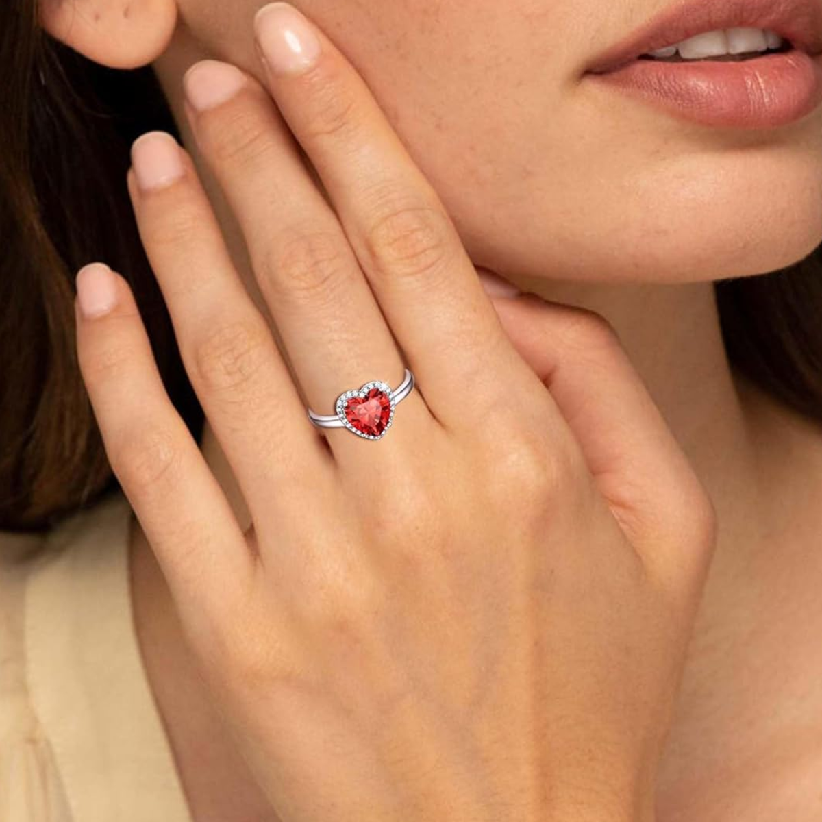 Anillo de plata de ley con piedra natal personalizada en forma de corazón para mujer-2