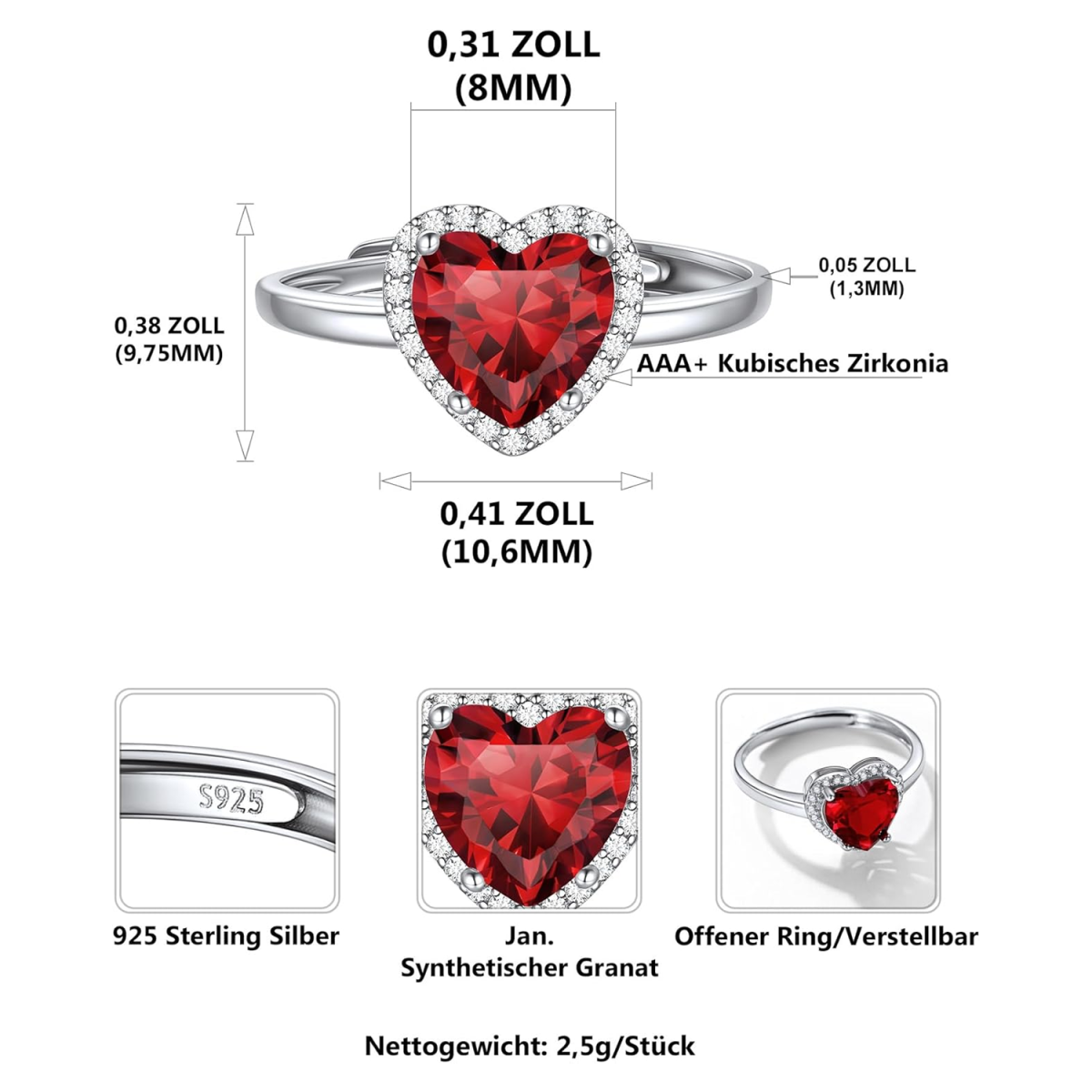 Gepersonaliseerde geboortesteen hartring van sterling zilver voor vrouwen-5