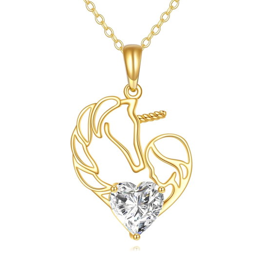 Collana con unicorno a forma di cuore con pietra portafortuna personalizzata in oro 14K per donna