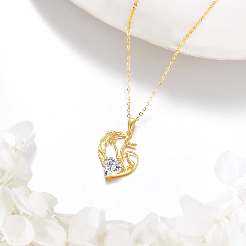 14K Gold Personalized Birthstone Heart Unicorn Necklace for Women-3