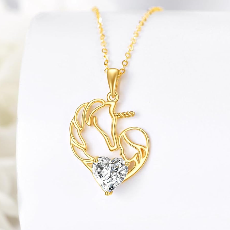 14K Gold Personalized Birthstone Heart Unicorn Necklace for Women-4