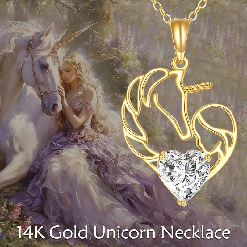 14K Gold Personalized Birthstone Heart Unicorn Necklace for Women-6