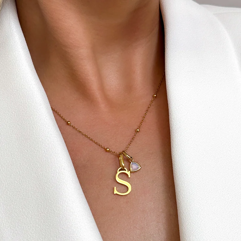 Collana iniziale con pietra portafortuna personalizzata in oro 10K per donna-2