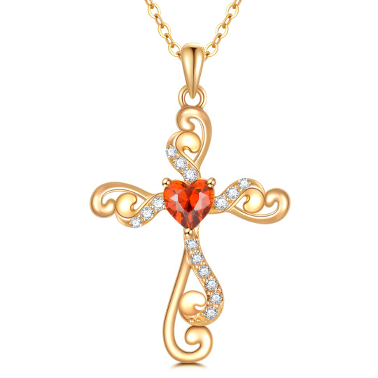 Collier en or 14 carats avec pierre de naissance personnalisée et croix en forme de cœur pour femme