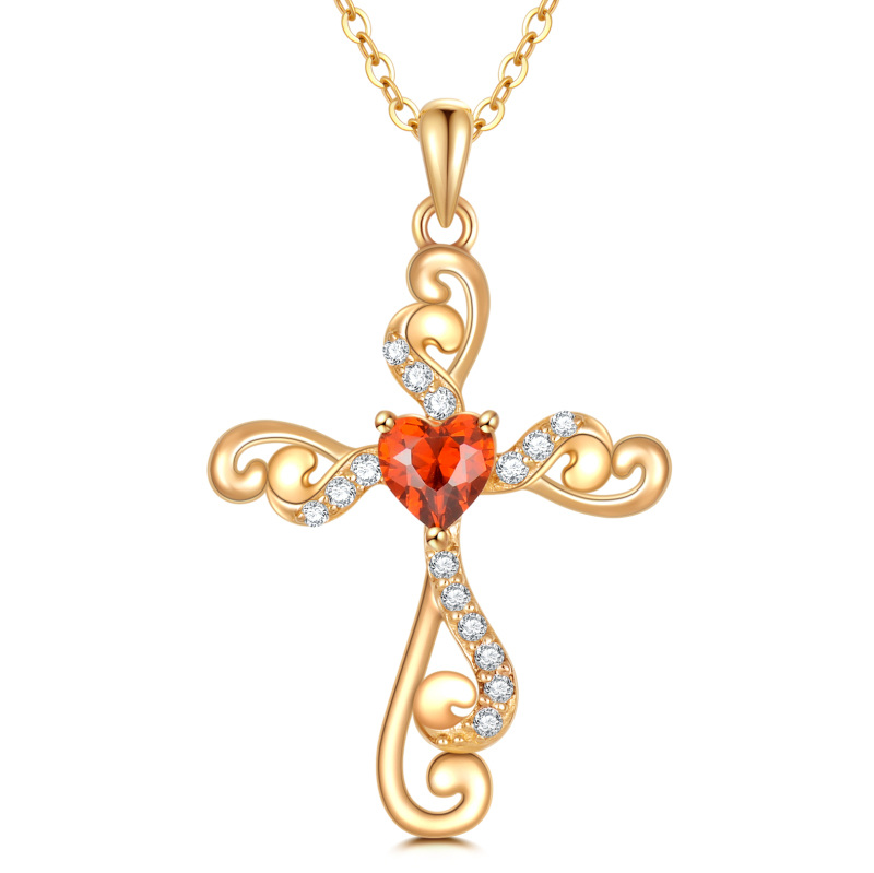 Collar con cruz de hiedra y corazón con piedra natal personalizada en oro de 14 quilates para mujer-1