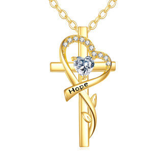 10K Gold Cubic Zirconia Personalized Birthstone Leaves Cross & Heart Necklace for Women-43