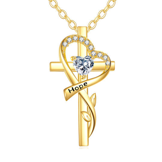 10K Gold Cubic Zirconia Personalized Birthstone Leaves Cross & Heart Necklace for Women