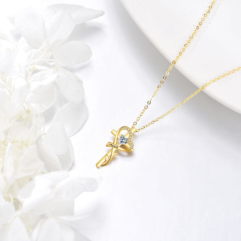 10K Gold Cubic Zirconia Personalized Birthstone Leaves Cross & Heart Necklace for Women-3