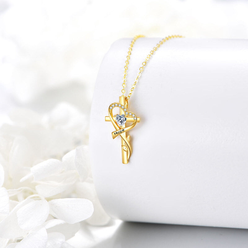 10K Gold Cubic Zirconia Personalized Birthstone Leaves Cross & Heart Necklace for Women-4