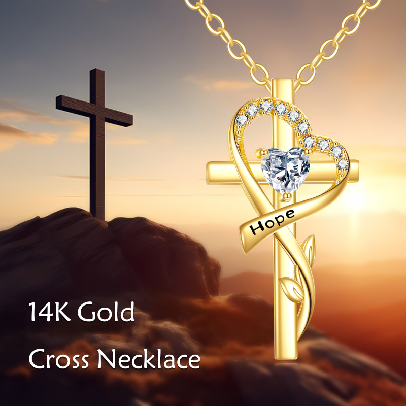 10K Gold Cubic Zirconia Personalized Birthstone Leaves Cross & Heart Necklace for Women-6