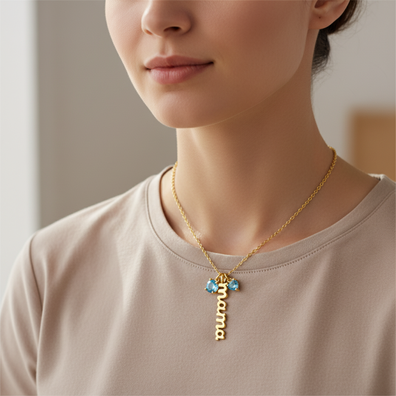 14K Gold Personalized Birthstone MAMA Pendant Necklace-2
