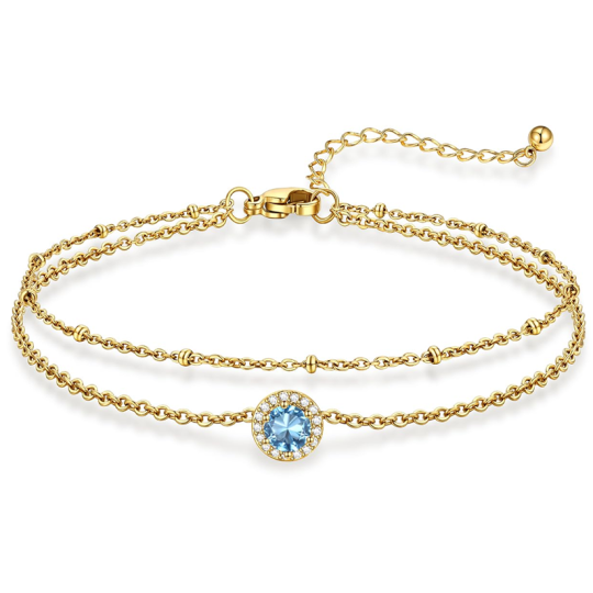 Bracelet de cheville personnalisé en or 14 carats avec pierre de naissance et breloque multicouche
