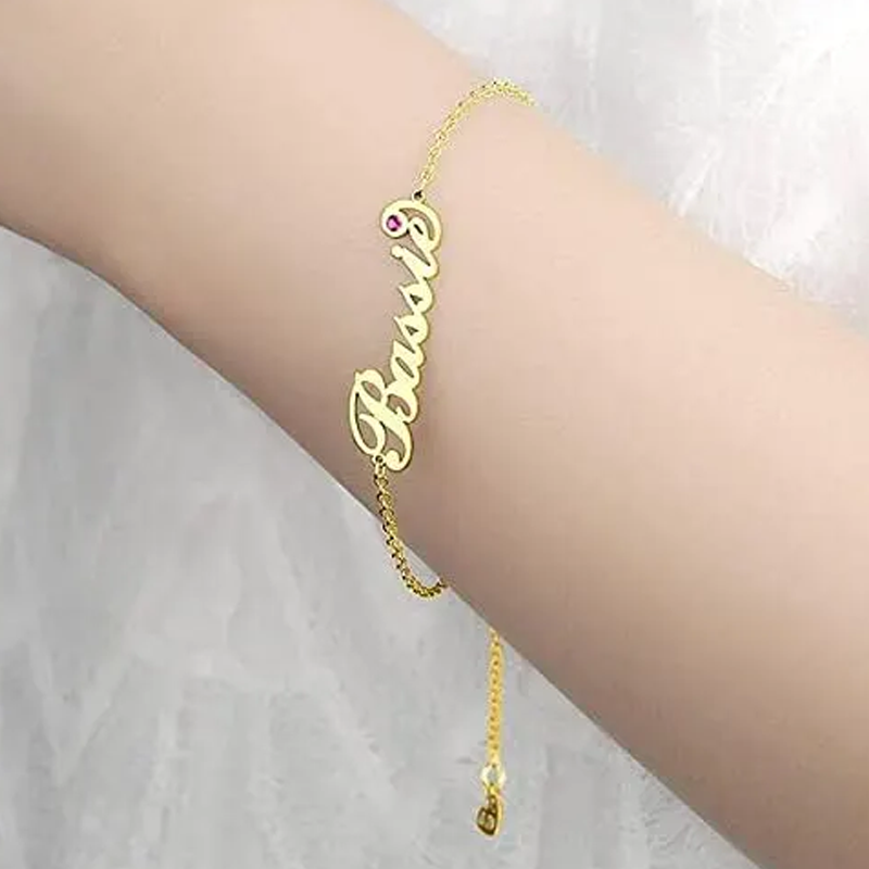 Personalisiertes Namensarmband aus 14 Karat Gold mit Geburtssteinen für Frauen-3