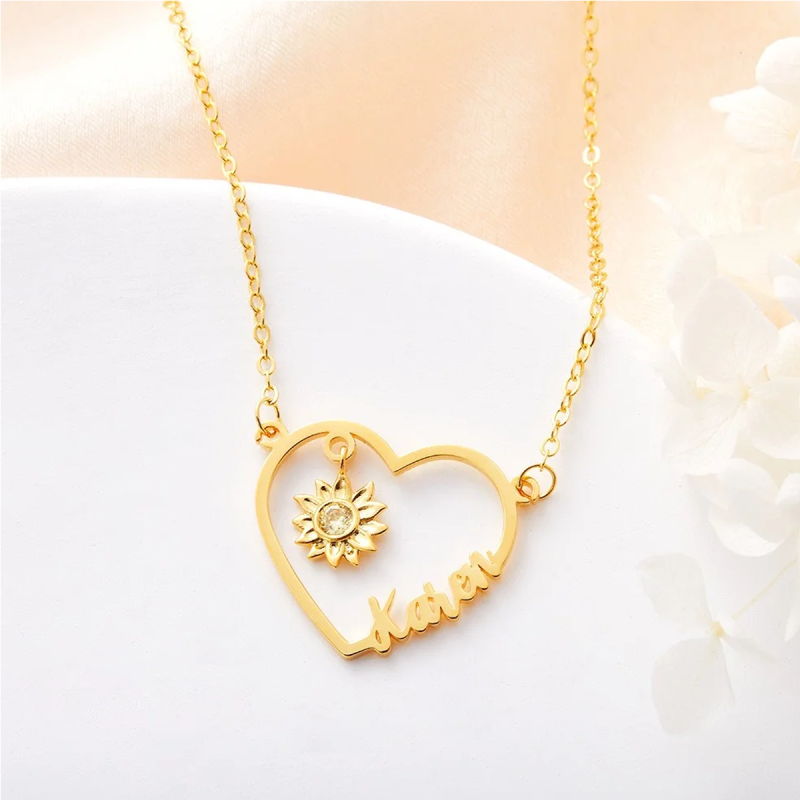 10K gouden ketting met gepersonaliseerde geboortesteen en naam in de vorm van een zonnebloemhart-7
