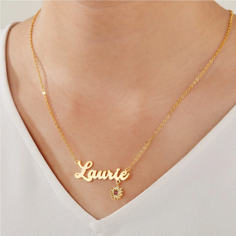Colar com pendente de girassol personalizado com nome, zircónia cúbica, ouro 10K e pedra de nascimento-2