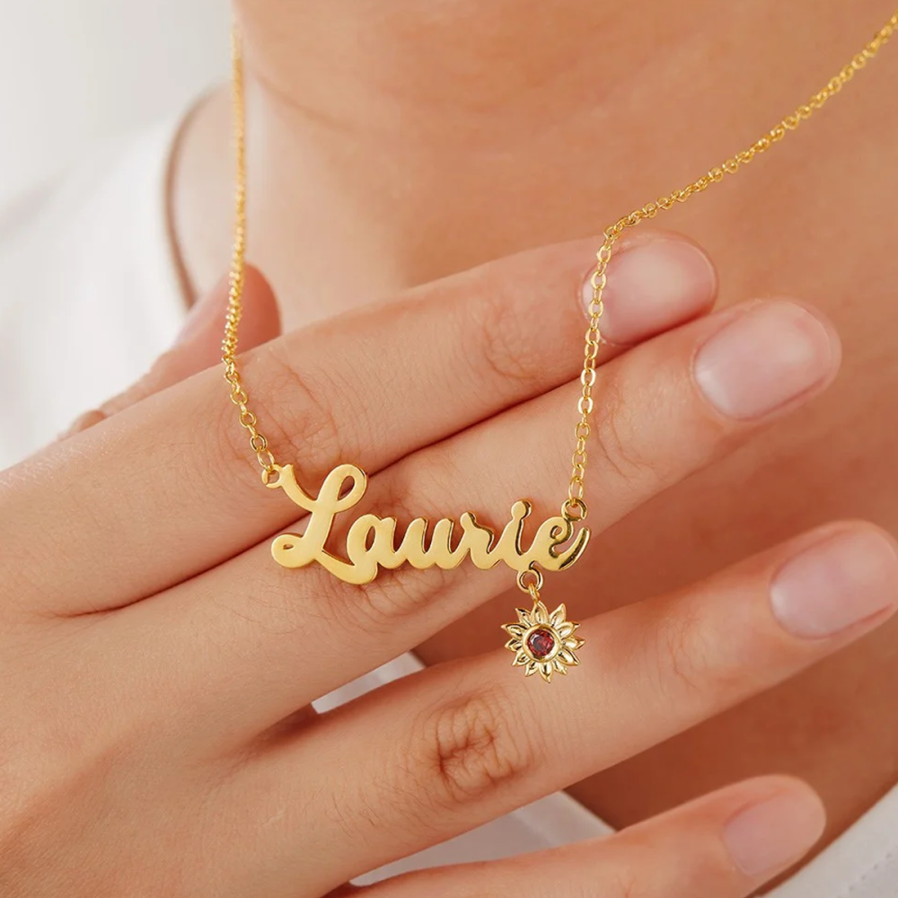 Colar com pendente de girassol personalizado com nome e pedra de nascimento em ouro 10K e zircónias cúbicas-3