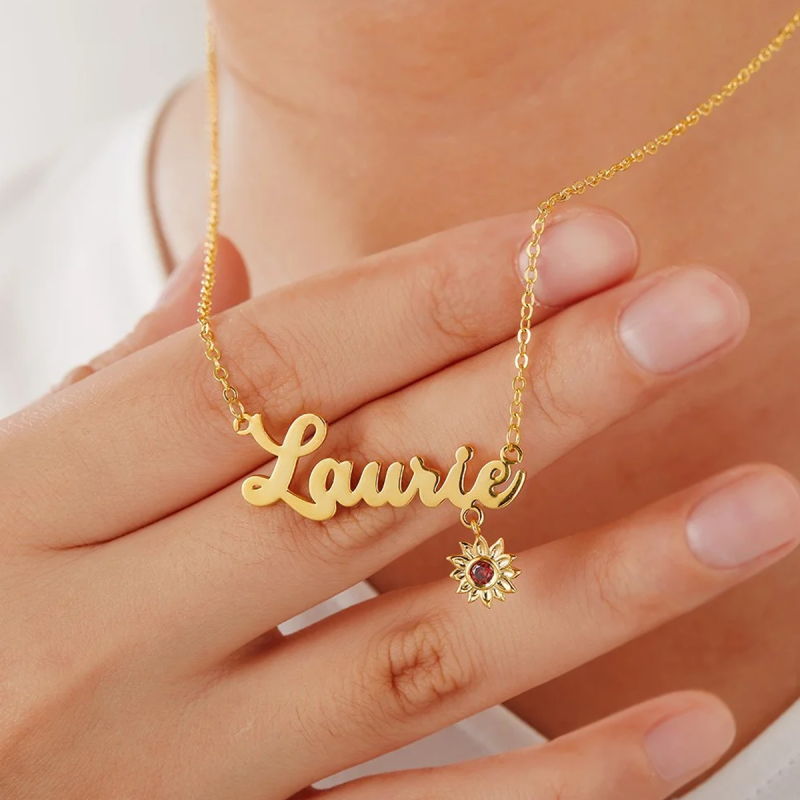 Colar com pendente de girassol personalizado com nome, zircónia cúbica, ouro 10K e pedra de nascimento-3