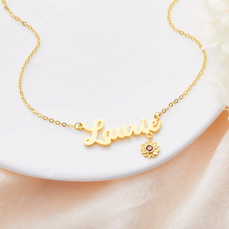 Colar com pendente de girassol personalizado com nome, zircónia cúbica, ouro 10K e pedra de nascimento-4
