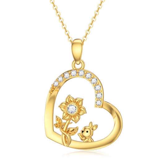 Collar personalizado con forma de conejo, girasol y corazón con piedra natal en oro de 14 quilates para mujer