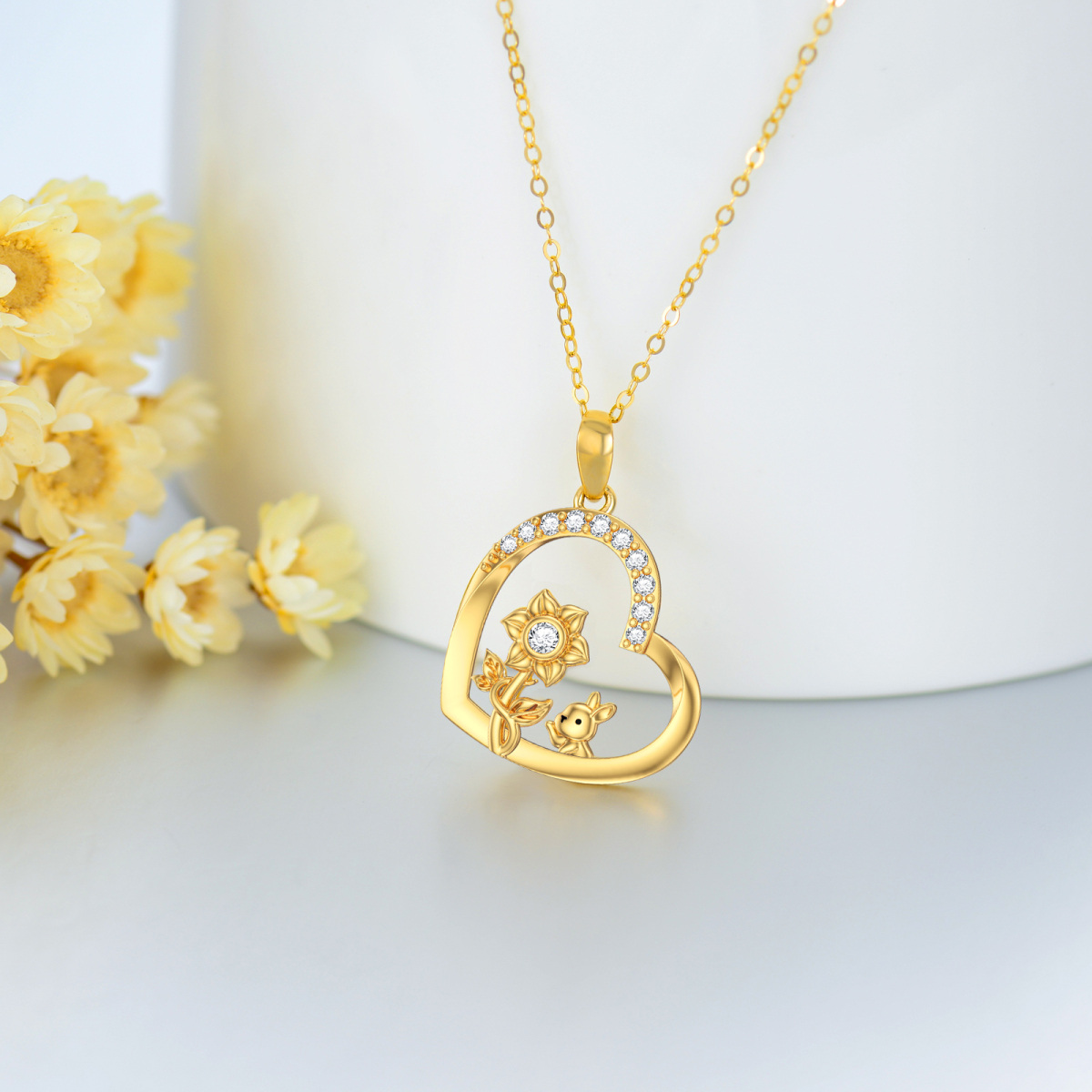 14K Gold Personalized Birthstone Rabbit Sunflower Heart Necklace for Women-3