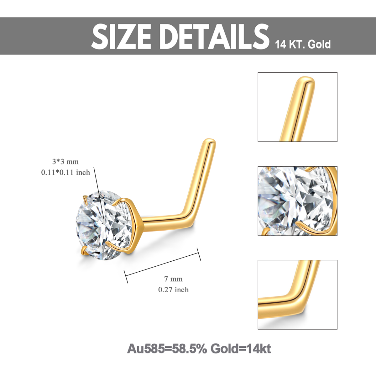 18K Gold Zirkonia Personalisierter Nasenring in L-Form mit Geburtsstein-6