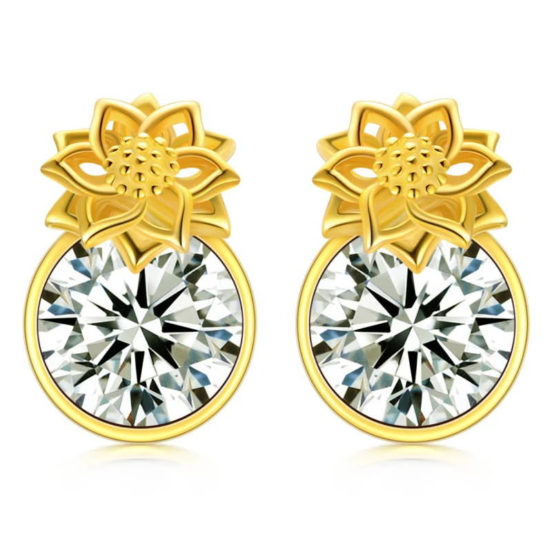 14K Gold Personalized Birthstone Sunflower Stud Earrings for Women-1