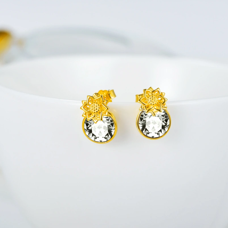 14K Gold Personalized Birthstone Sunflower Stud Earrings for Women-3