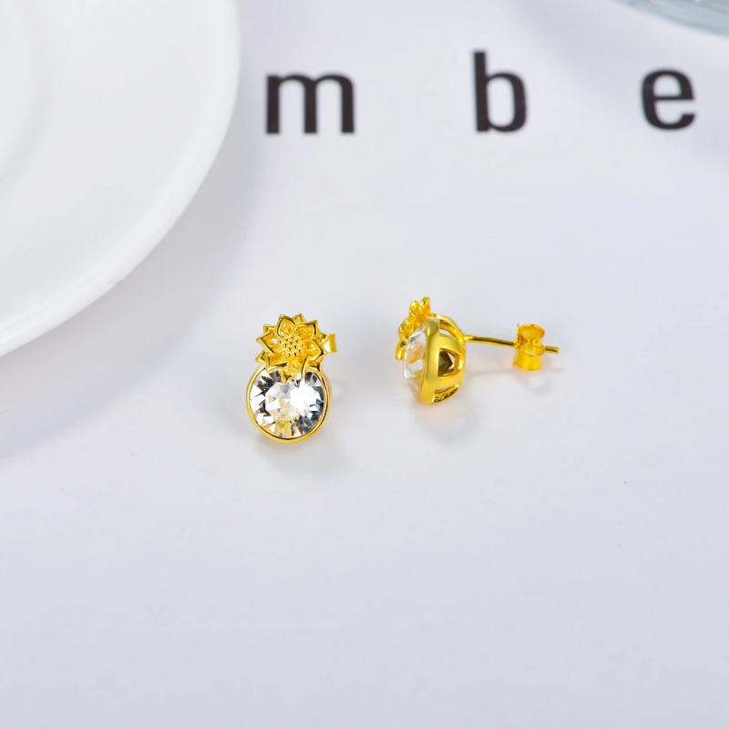 14K Gold Personalized Birthstone Sunflower Stud Earrings for Women-4