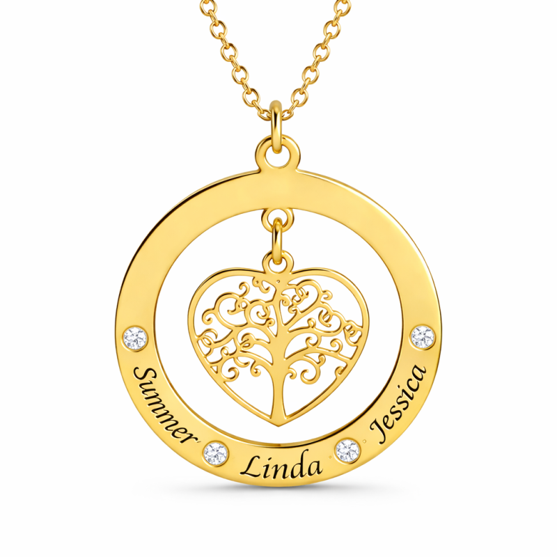Collar con colgante personalizado de oro de 10 quilates con piedra natal del Árbol de la Vida y grabado.-1