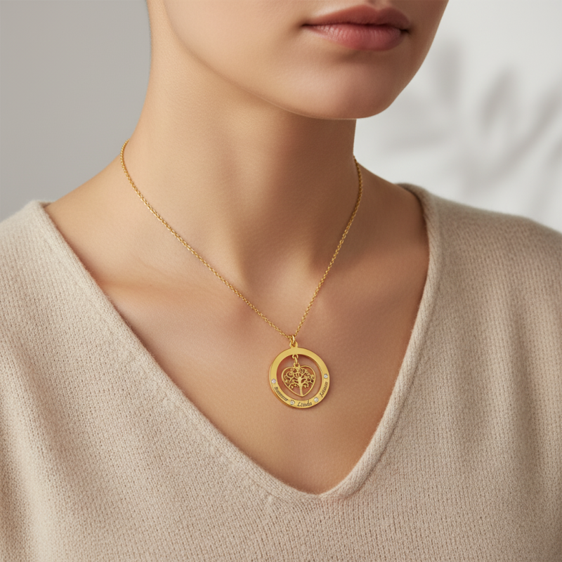 Collar con colgante del Árbol de la Vida personalizado, grabado, de oro blanco de 10 quilates, circonita cúbica redonda y piedra de nacimiento.-3