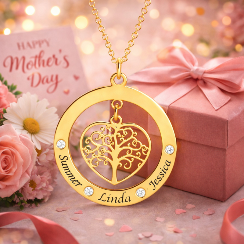 Collar con colgante del Árbol de la Vida personalizado, grabado, de oro blanco de 10 quilates, circonita cúbica redonda y piedra de nacimiento.-4