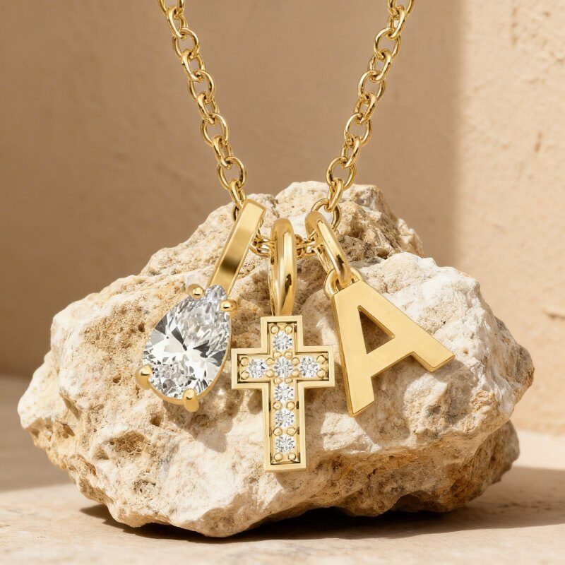 14K Gold Personalized Birthstone & Women‘s Cross Necklace-3