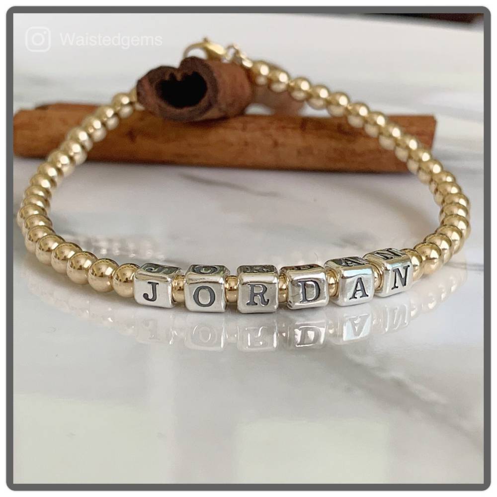 Sterling Silber mit Gelbgold plattiert Personalisiertes klassisches Namensperlen-Kettenarmband 4mm-2