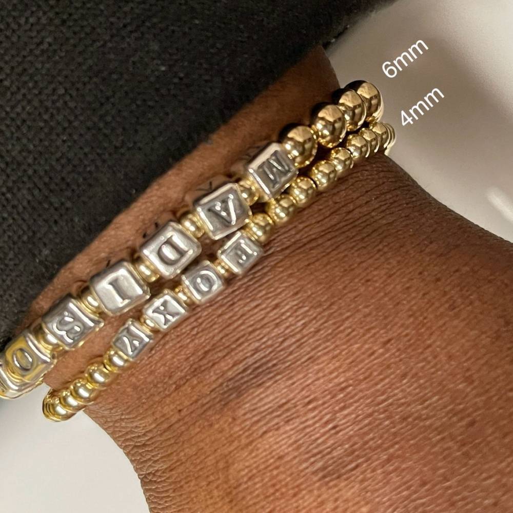 Sterling Silber mit Gelbgold plattiert Personalisiertes klassisches Namensperlen-Kettenarmband 4mm-3