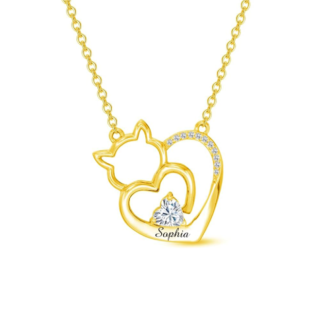 Collier avec pendentif en forme de chat personnalisé en or 14 carats et zircone cubique-1