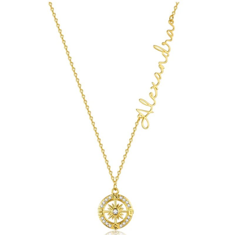 10K Gold Cubic Zirconia Personalized Classic Name & Compass Pendant Necklace-9