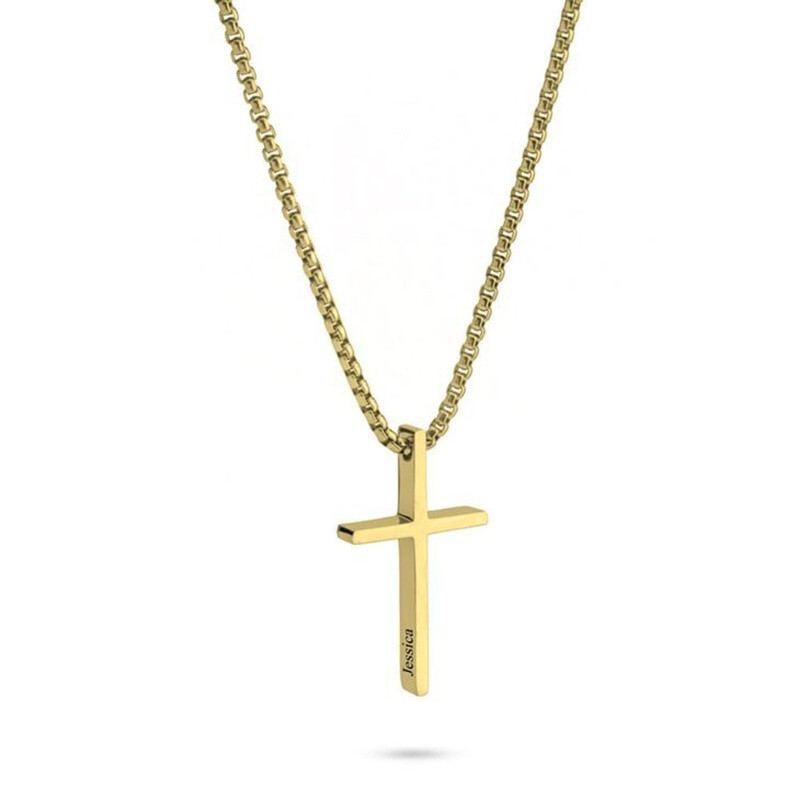 10Kゴールド パーソナライズ クラシック ネーム＆クロス ペンダントネックレス-1