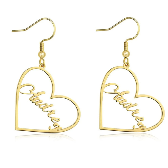 Boucles d'oreilles pendantes en forme de cœur avec nom classique personnalisé en or 14 carats