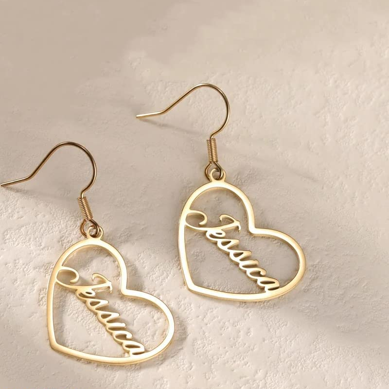 14K Gold Personalized Classic Name Heart Drop Earrings-3