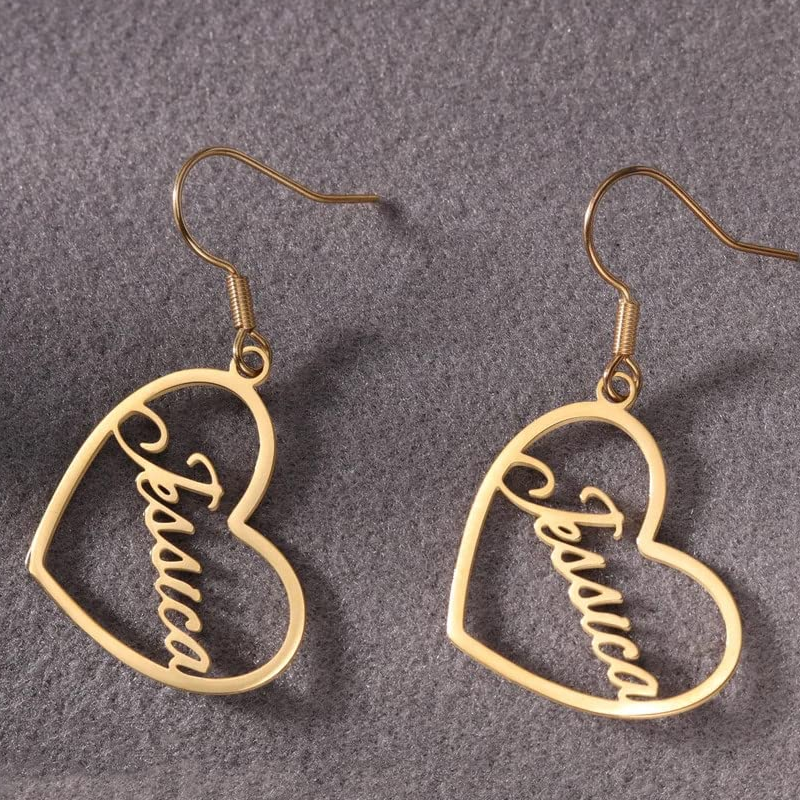 14K Gold Personalized Classic Name Heart Drop Earrings-4