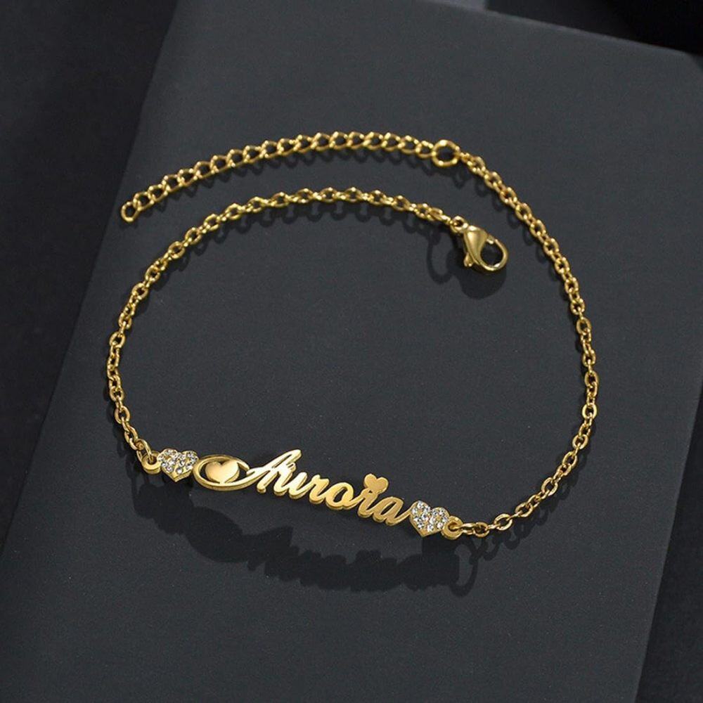 18K Gold Cubic Zirconia Personalized Classic Name Charm Bracelet for Women-3
