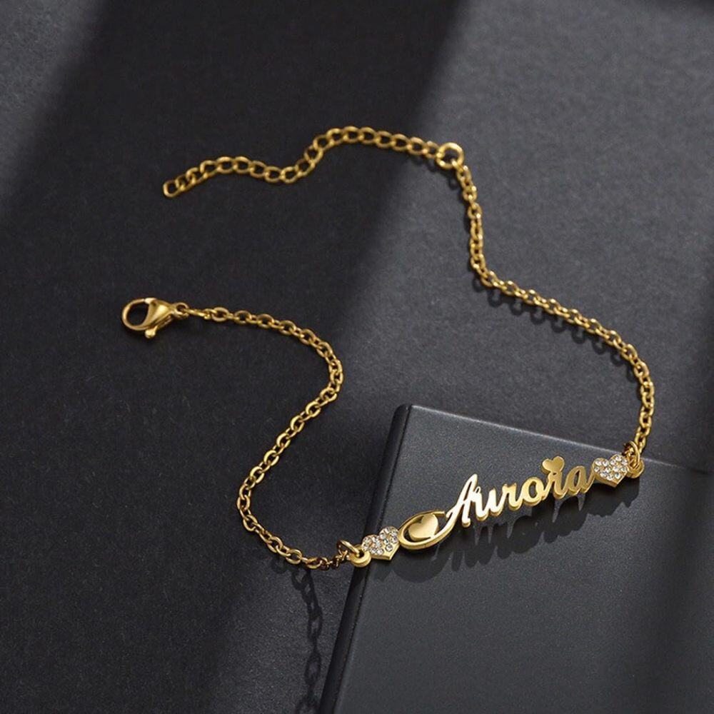 18K Gold Cubic Zirconia Personalized Classic Name Charm Bracelet for Women-4