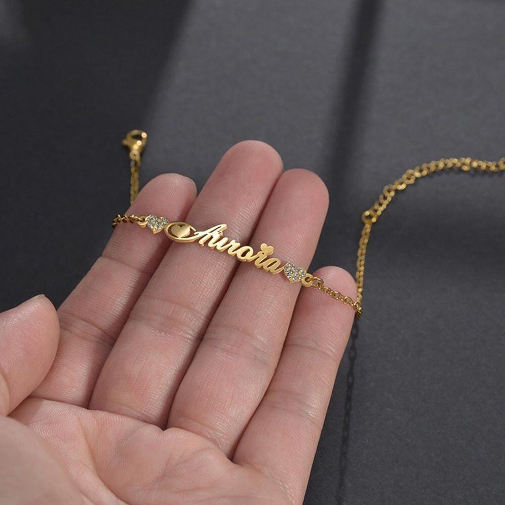 18K Gold Cubic Zirconia Personalized Classic Name Charm Bracelet for Women-5
