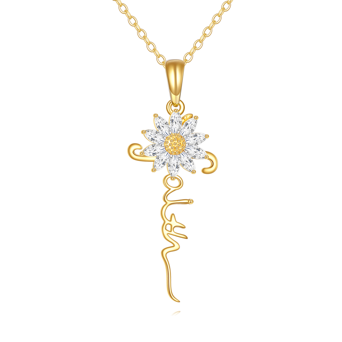 14K Gold Cubic Zirconia & Personalized Classic Name Sunflower Pendant Necklace-1