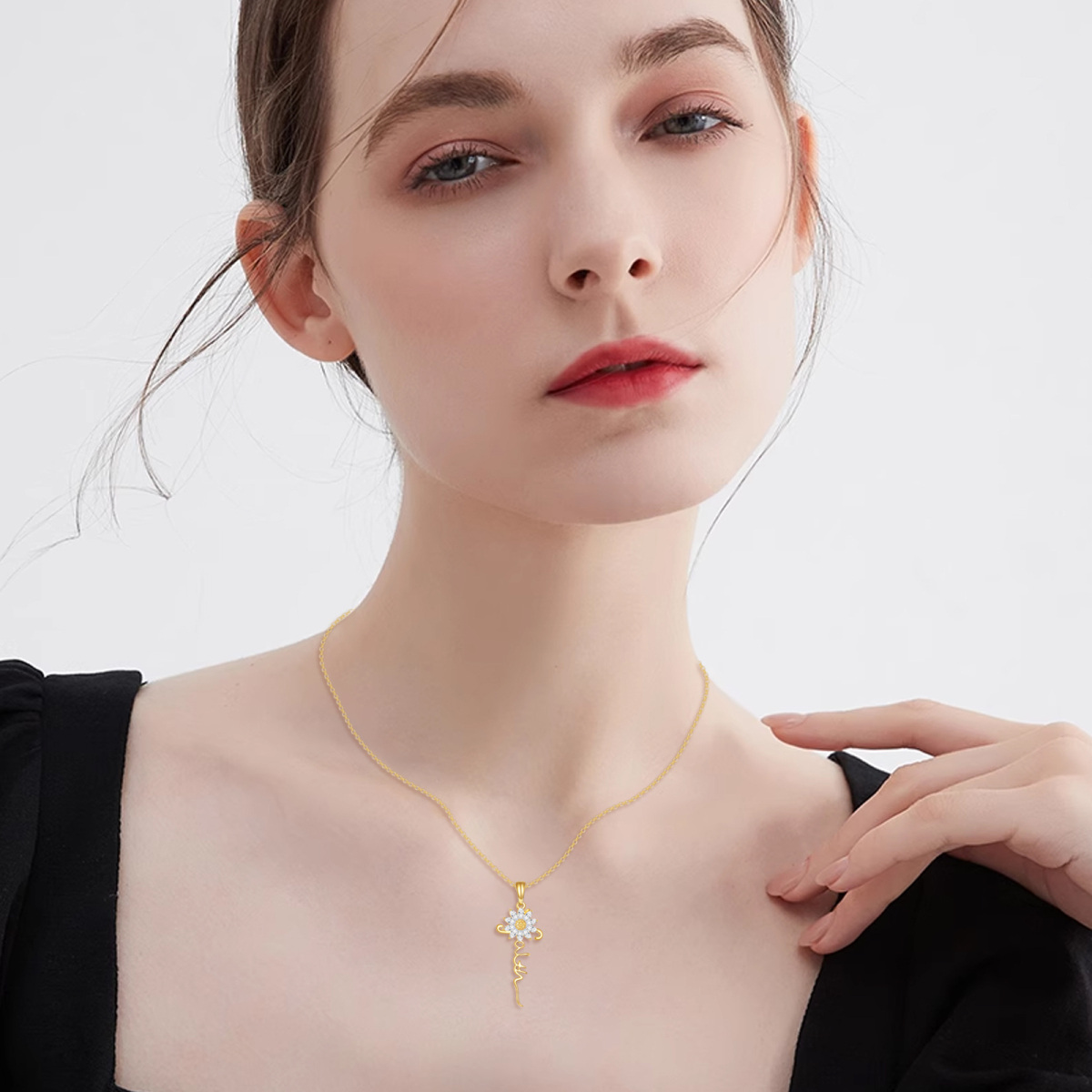 14K Gold Cubic Zirconia & Personalized Classic Name Sunflower Pendant Necklace-2
