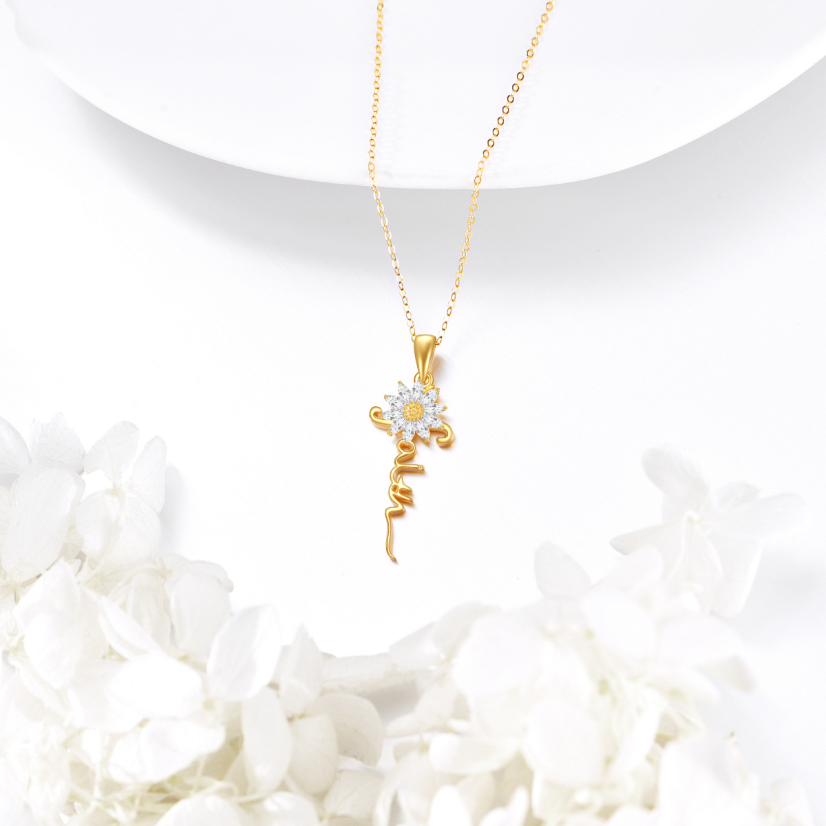 14K Gold Cubic Zirconia & Personalized Classic Name Sunflower Pendant Necklace-3