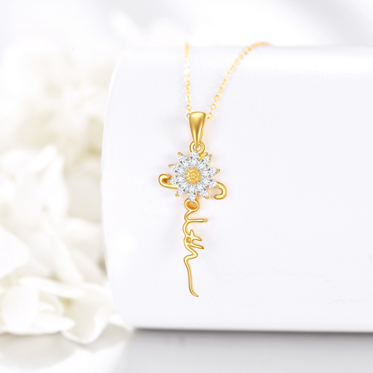 14K Gold Cubic Zirconia & Personalized Classic Name Sunflower Pendant Necklace-4
