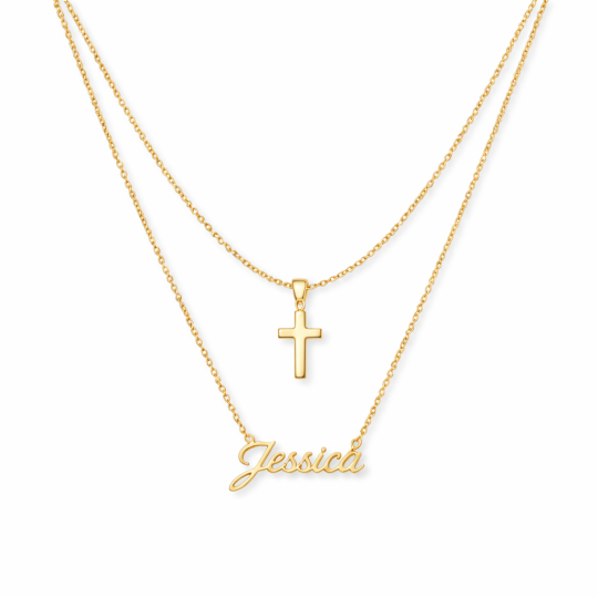 10K-Gold personalisierte klassische Namens- und Damen-Kreuzschicht-Halskette