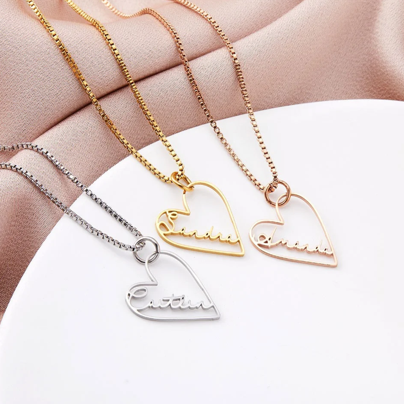 10K White Gold Personalized Engraving & Couple & Mother & Sisters & Heart Pendant Necklace-3